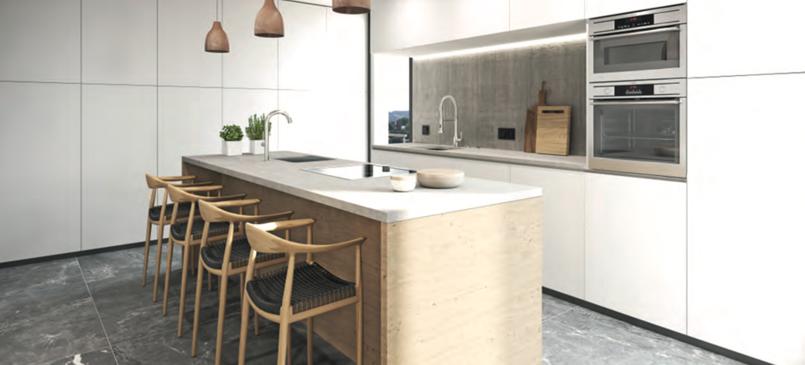 Cuisine contemporaine avec îlot en béton clair intégrant plaque et évier, tabourets de bar en bois et meubles blancs sans poignées. Éclairage encastré sur la crédence en béton. Cuisine contemporaine avec îlot en béton clair intégrant plaque et évier, tabourets de bar en bois et meubles blancs sans poignées. Éclairage encastré sur la crédence en béton.