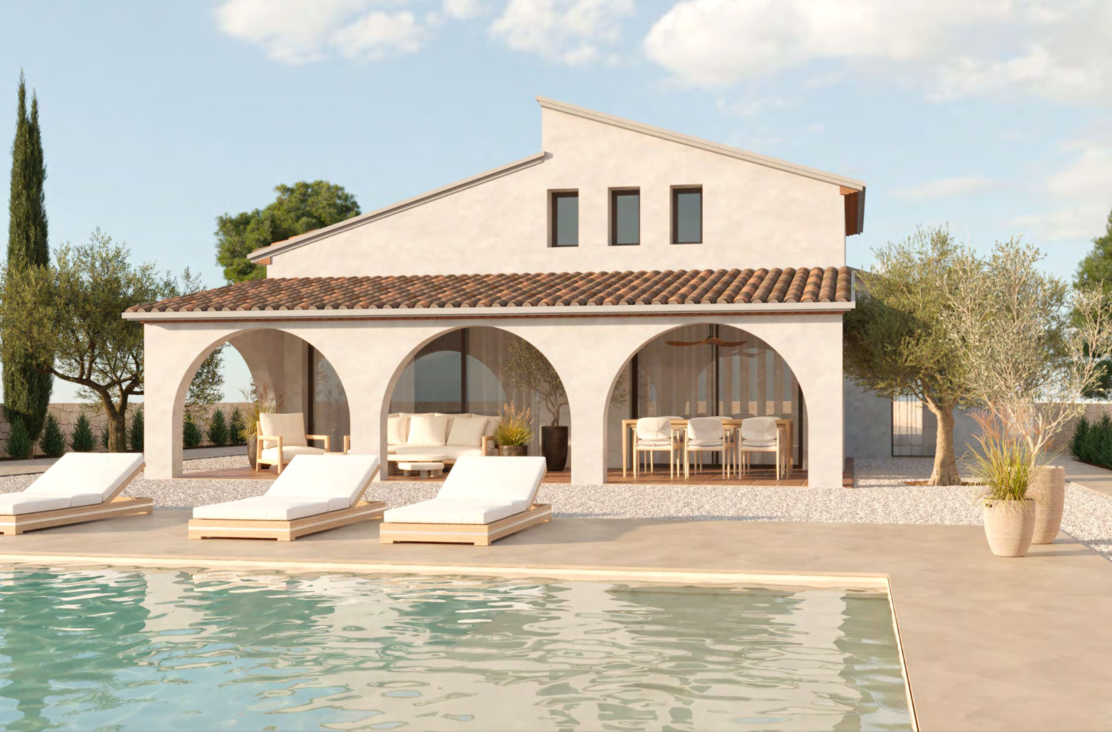 Extérieur de villa méditerranéenne avec piscine et chaises longues. La terrasse couverte à arcades offre des espaces salon et salle à manger extérieurs, entourée d'oliviers matures. Extérieur de villa méditerranéenne avec piscine et chaises longues. La terrasse couverte à arcades offre des espaces salon et salle à manger extérieurs, entourée d'oliviers matures.