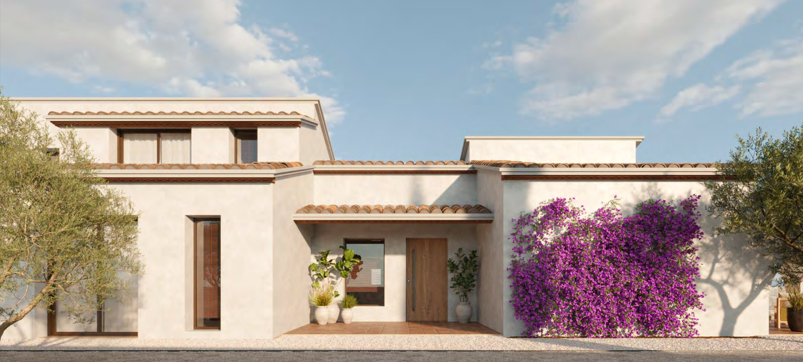 La façade de la villa présente un stuc blanc, des tuiles en terre cuite traditionnelles et une porte d'entrée en bois. Un bougainvillier éclatant orne un mur, complété par des plantes en pot et des oliviers. La façade de la villa présente un stuc blanc, des tuiles en terre cuite traditionnelles et une porte d'entrée en bois. Un bougainvillier éclatant orne un mur, complété par des plantes en pot et des oliviers.