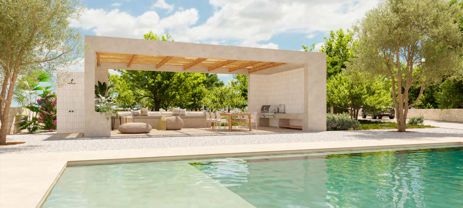 L'extérieur sud de la villa révèle une piscine rectangulaire privée et une vaste terrasse carrelée, entourées d'un paysage méditerranéen baigné de lumière naturelle. L'extérieur sud de la villa révèle une piscine rectangulaire privée et une vaste terrasse carrelée, entourées d'un paysage méditerranéen baigné de lumière naturelle.