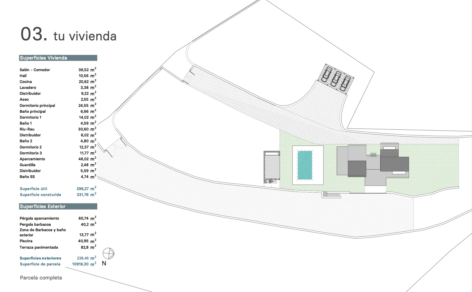Plan détaillé de la parcelle de 10 916 m², présentant la villa, une piscine rectangulaire de 40,95 m², un carport et de vastes jardins paysagers. Plan détaillé de la parcelle de 10 916 m², présentant la villa, une piscine rectangulaire de 40,95 m², un carport et de vastes jardins paysagers.