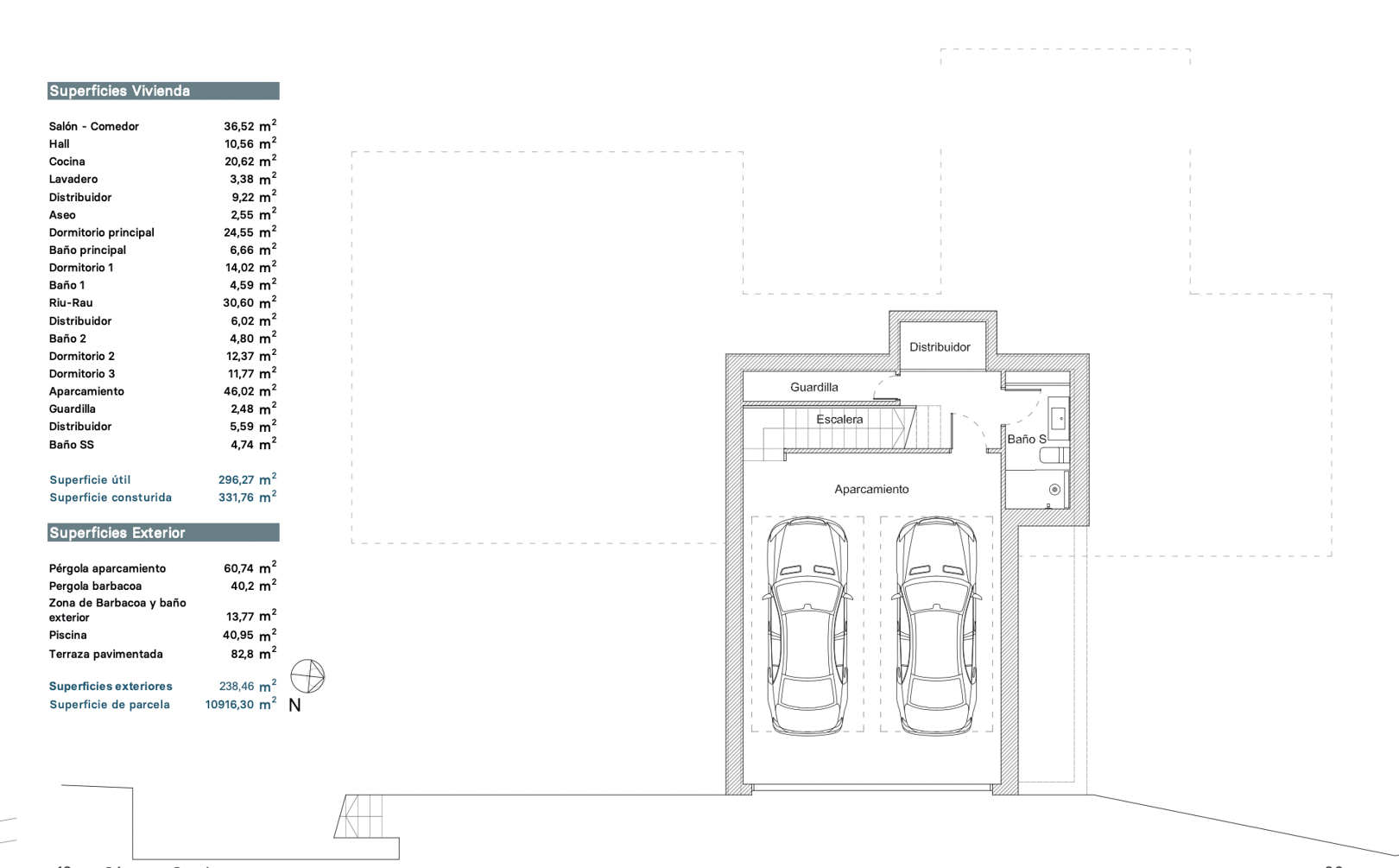 Plan du rez-de-chaussée/sous-sol montrant un parking pour deux véhicules, un escalier, un débarras, un distributeur et une salle de bain de service. Les tableaux de surfaces sont inclus. Plan du rez-de-chaussée/sous-sol montrant un parking pour deux véhicules, un escalier, un débarras, un distributeur et une salle de bain de service. Les tableaux de surfaces sont inclus.