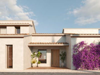 La façade de la villa présente un stuc blanc, des tuiles en terre cuite traditionnelles et une porte d'entrée en bois. Un bougainvillier éclatant orne un mur, complété par des plantes en pot et des oliviers.