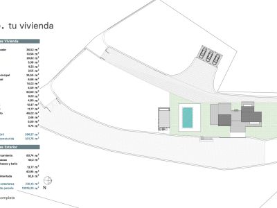Plan détaillé de la parcelle de 10 916 m², présentant la villa, une piscine rectangulaire de 40,95 m², un carport et de vastes jardins paysagers.