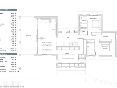 Plan du rez-de-chaussée détaillant l'agencement du salon-salle à manger, de la cuisine, de la suite parentale avec dressing, d'une chambre et du Riu-Rau extérieur.