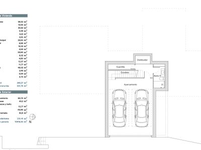 Plan du rez-de-chaussée/sous-sol montrant un parking pour deux véhicules, un escalier, un débarras, un distributeur et une salle de bain de service. Les tableaux de surfaces sont inclus.