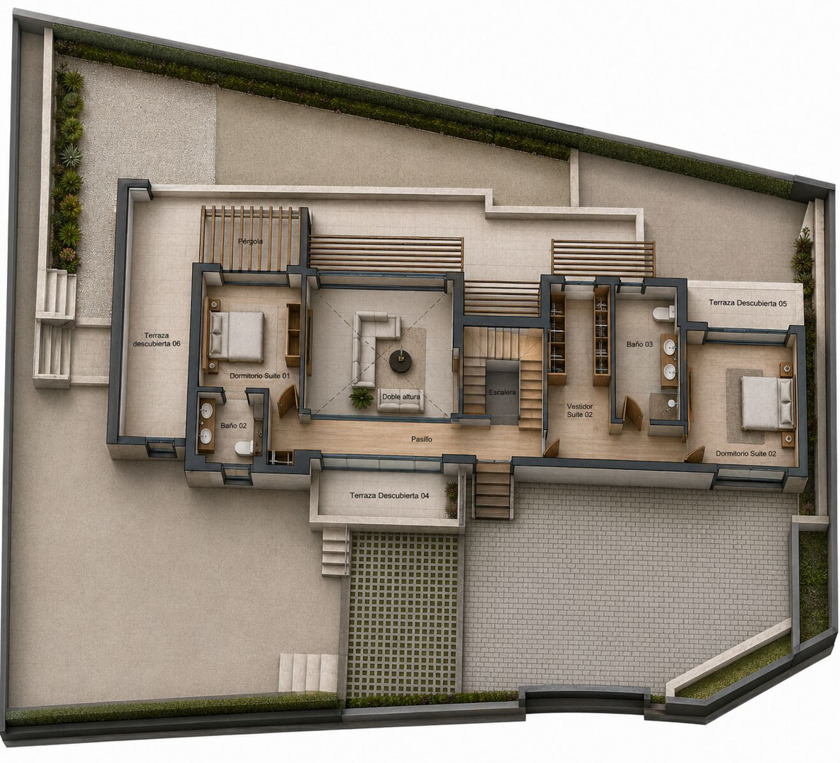 Plan de l'étage supérieur avec deux suites parentales, un salon double hauteur et plusieurs terrasses privées. Comprend dressing, deux salles de bain et pergola.