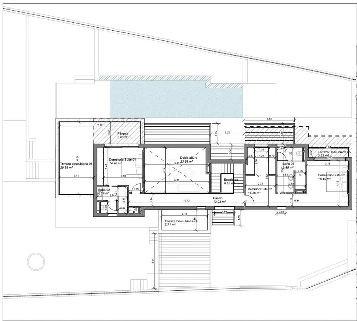 Plan d'étage détaillé de l'étage supérieur, comprenant deux chambres en suite, un salon double hauteur et des terrasses ouvertes.