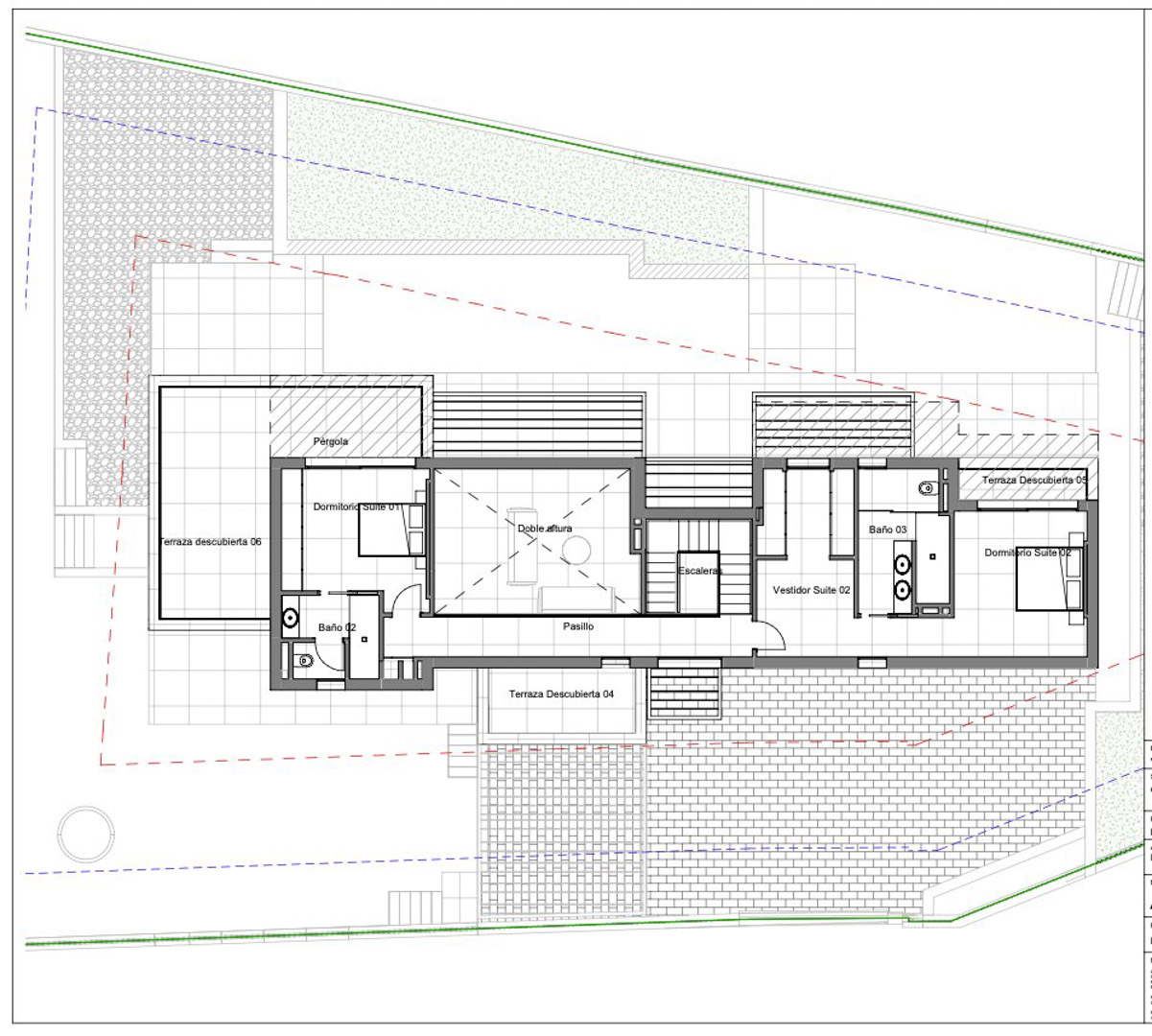 Plan d'étage détaillé du niveau supérieur, présentant deux chambres en suite, un salon double hauteur et plusieurs terrasses extérieures, dont une pergola.