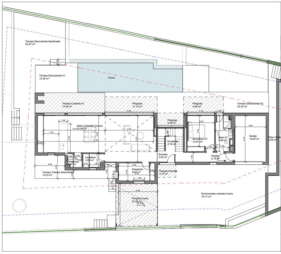 Plan détaillé du rez-de-chaussée, présentant un salon-salle à manger-cuisine ouvert, une chambre, une salle de bain, un bureau, un garage et des terrasses avec piscine. Toutes les zones sont dimensionnées.