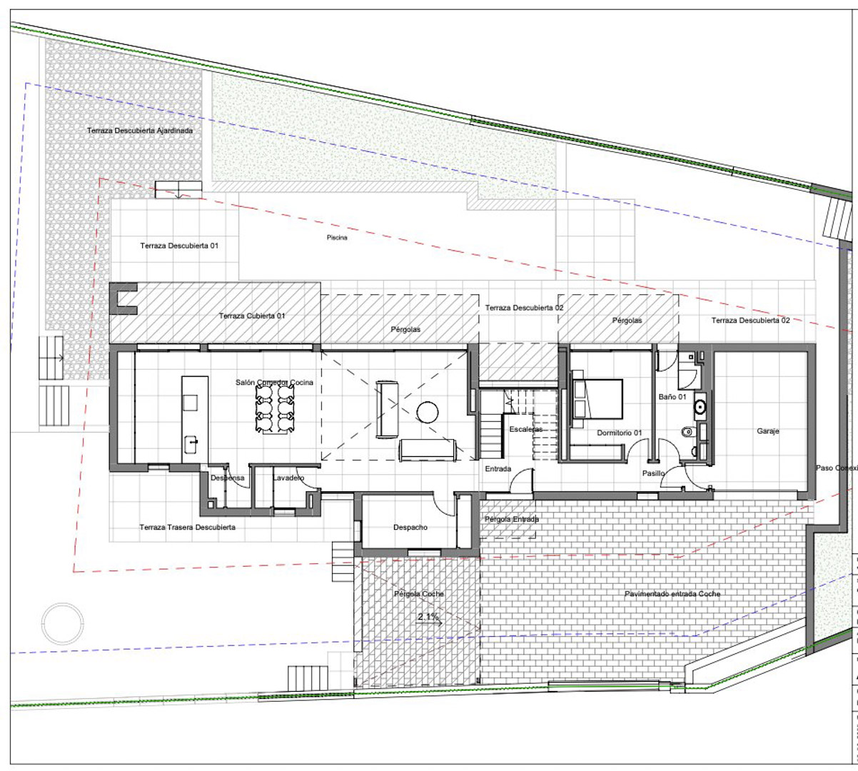 Plan du rez-de-chaussée avec salon-salle à manger-cuisine intégré, chambre avec salle de bain, garage, bureau et buanderie. Comprend de vastes terrasses, pergolas et une piscine privée.