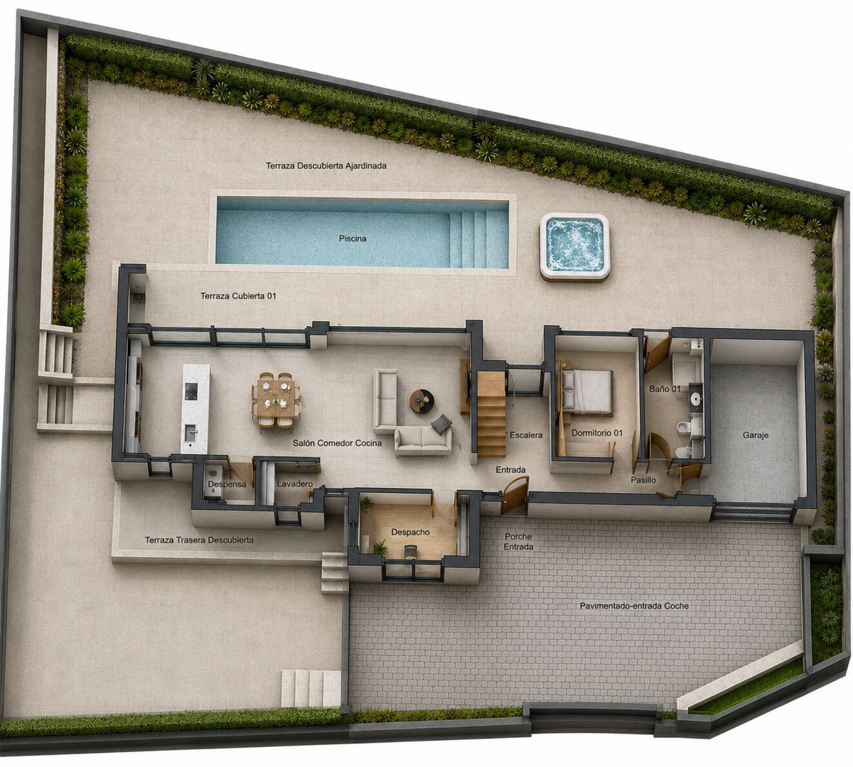 Plan du rez-de-chaussée présentant un salon-salle à manger-cuisine ouvert, une chambre, un bureau, un garage et un accès direct à la piscine, au jacuzzi et aux terrasses paysagées.