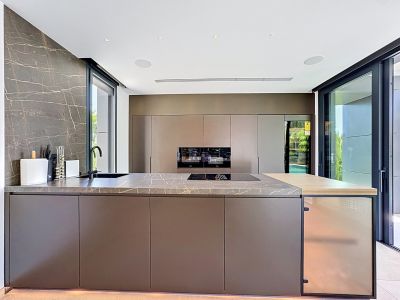Cuisine moderne avec un grand îlot central à plan de travail en pierre veinée, évier intégré et plaque à induction. Fours Miele encastrés dans les armoires minimalistes, avec cave à vin et accès extérieur.