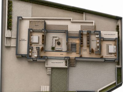 Plan de l'étage supérieur avec deux suites parentales, un salon double hauteur et plusieurs terrasses privées. Comprend dressing, deux salles de bain et pergola.