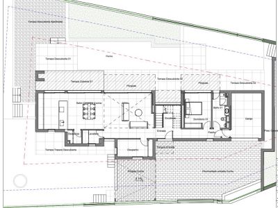 Plan du rez-de-chaussée avec salon-salle à manger-cuisine intégré, chambre avec salle de bain, garage, bureau et buanderie. Comprend de vastes terrasses, pergolas et une piscine privée.
