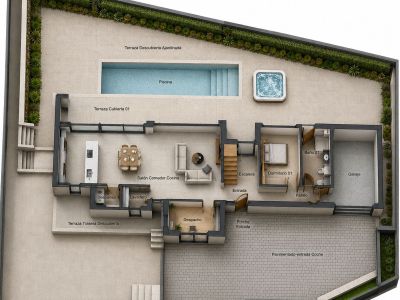 Plan du rez-de-chaussée présentant un salon-salle à manger-cuisine ouvert, une chambre, un bureau, un garage et un accès direct à la piscine, au jacuzzi et aux terrasses paysagées.