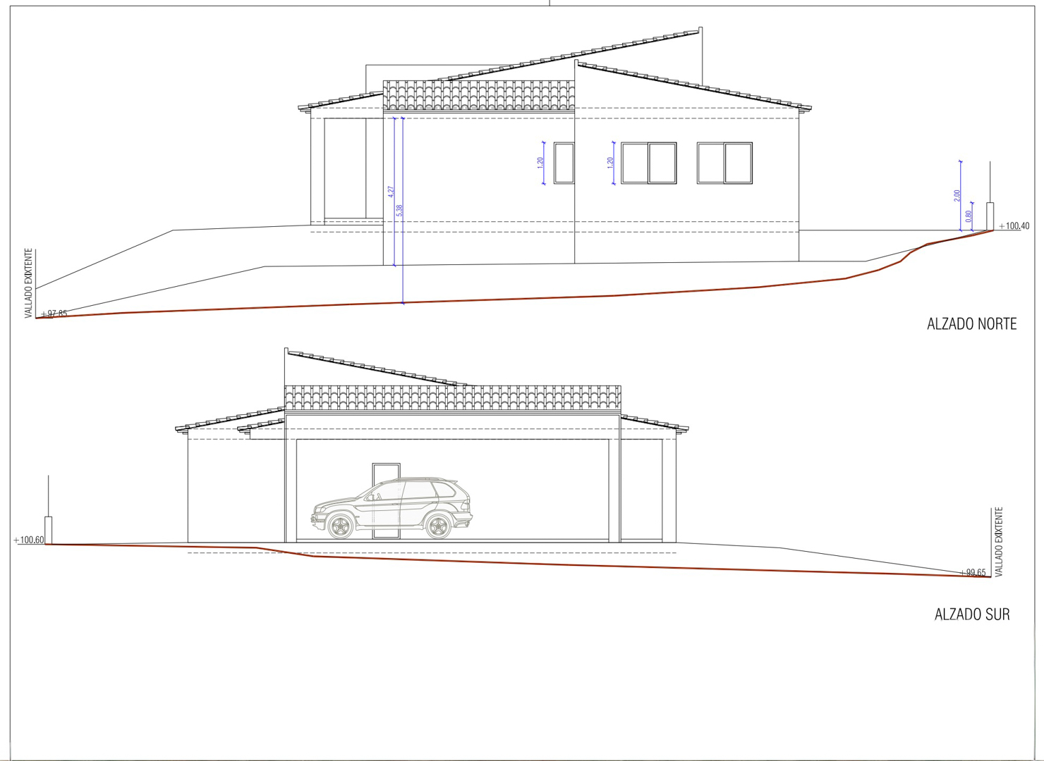 Élévations Nord et Sud de la villa unifamiliale proposée, détaillant la conception du toit, l'emplacement des fenêtres et le garage avec voiture, intégré au terrain. Élévations Nord et Sud de la villa unifamiliale proposée, détaillant la conception du toit, l'emplacement des fenêtres et le garage avec voiture, intégré au terrain.