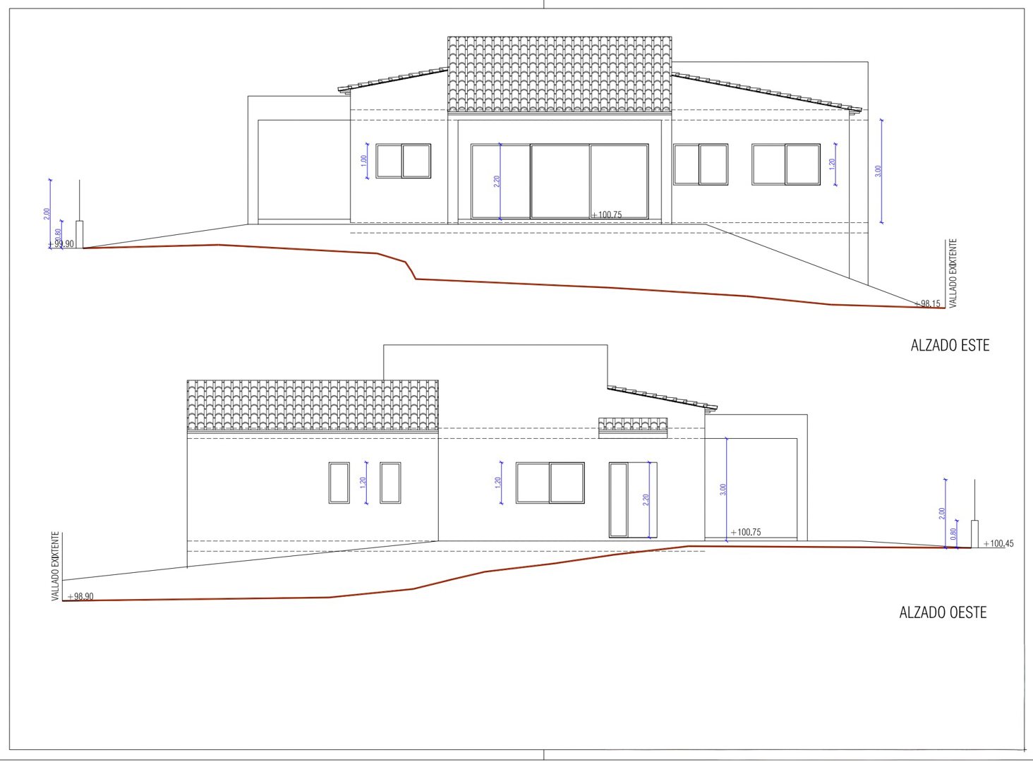 Les élévations architecturales détaillent la villa de plain-pied proposée, présentant les façades est et ouest avec toits en tuiles, fenêtres variées et intégration au terrain en pente. Les élévations architecturales détaillent la villa de plain-pied proposée, présentant les façades est et ouest avec toits en tuiles, fenêtres variées et intégration au terrain en pente.