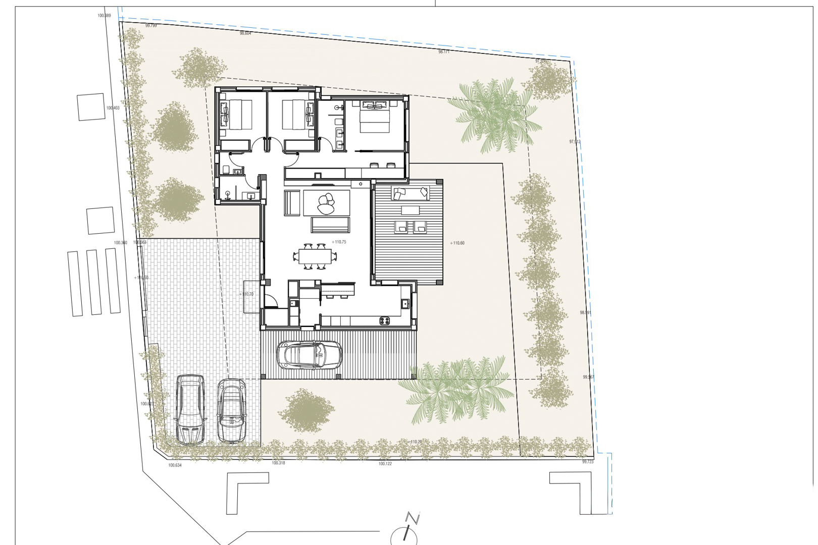 Plan détaillé d'une villa de plain-pied avec trois chambres, espace de vie ouvert, terrasse extérieure et abri voiture. La parcelle présente des jardins aménagés et un parking. Plan détaillé d'une villa de plain-pied avec trois chambres, espace de vie ouvert, terrasse extérieure et abri voiture. La parcelle présente des jardins aménagés et un parking.