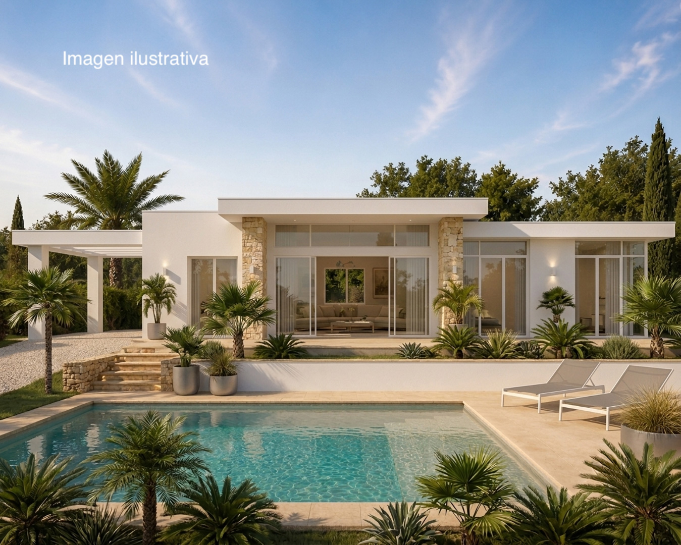 Villa moderne de plain-pied avec façade blanche, accents de pierre naturelle et grandes baies vitrées. Comprend une piscine rectangulaire, une terrasse ensoleillée et un jardin méditerranéen. Villa moderne de plain-pied avec façade blanche, accents de pierre naturelle et grandes baies vitrées. Comprend une piscine rectangulaire, une terrasse ensoleillée et un jardin méditerranéen.