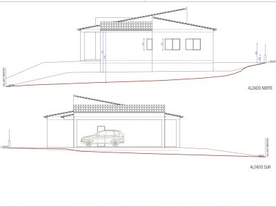 Élévations Nord et Sud de la villa unifamiliale proposée, détaillant la conception du toit, l'emplacement des fenêtres et le garage avec voiture, intégré au terrain.