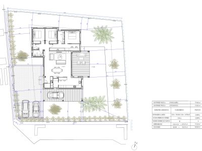 Plan architectural détaillé d'une villa de plain-pied à trois chambres, présentant l'agencement intérieur, les terrasses extérieures, l'abri voiture et les dimensions de la parcelle, avec données urbanistiques.