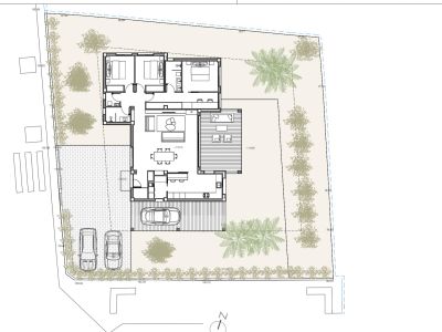 Plan détaillé d'une villa de plain-pied avec trois chambres, espace de vie ouvert, terrasse extérieure et abri voiture. La parcelle présente des jardins aménagés et un parking.