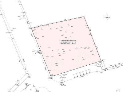 Plan topographique détaillé présentant une parcelle de 718 m² avec ses limites, points d'altitude et l'infrastructure adjacente (trottoir, bordure, services).