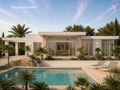 Villa moderne de plain-pied avec façade blanche, accents de pierre naturelle et grandes baies vitrées. Comprend une piscine rectangulaire, une terrasse ensoleillée et un jardin méditerranéen.