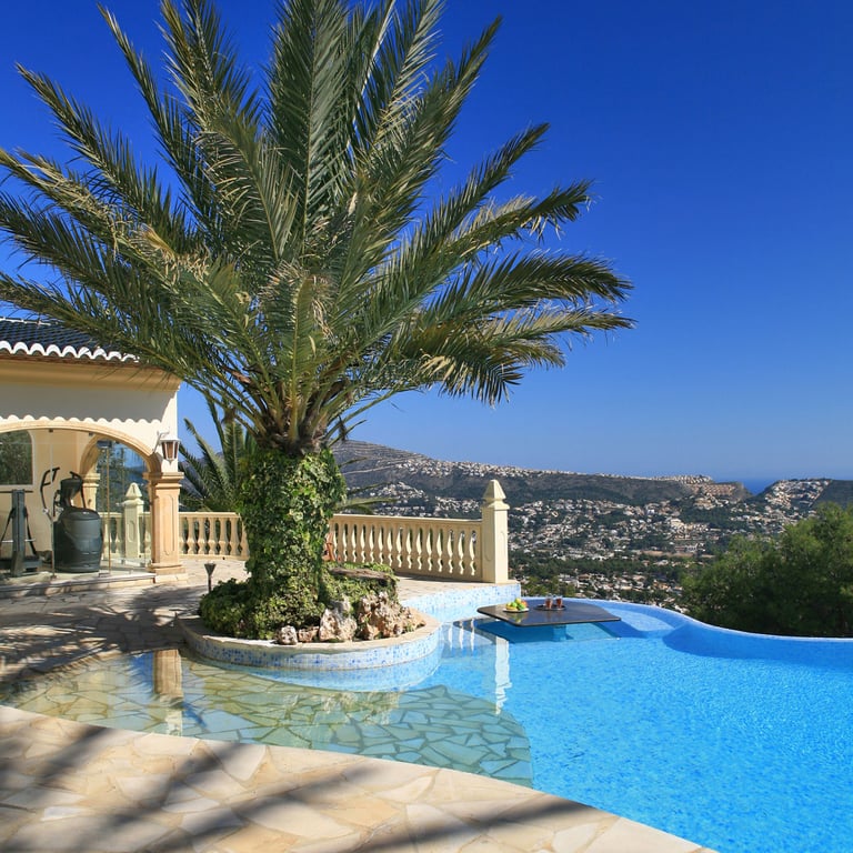 Piscine à débordement avec île de palmiers et table intégrée, offrant des vues panoramiques sur la côte et les montagnes sous un ciel clair.