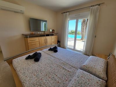 Chambre avec lits jumeaux, télévision murale et accès direct à la terrasse offrant vue sur la piscine et les palmiers. Climatisation présente.