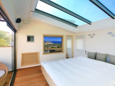 Chambre lumineuse avec un grand puits de lumière en verre et un parquet chaleureux. Une porte coulissante mène à une terrasse privée et une télévision intégrée.