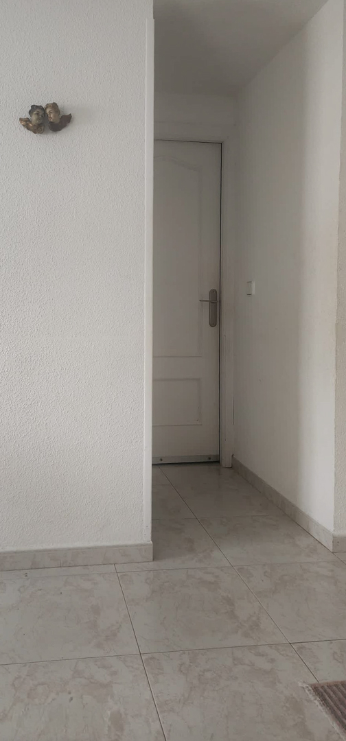 Couloir intérieur avec carrelage clair et murs blancs texturés, menant à une porte à panneaux, agrémenté d'un petit ornement mural.