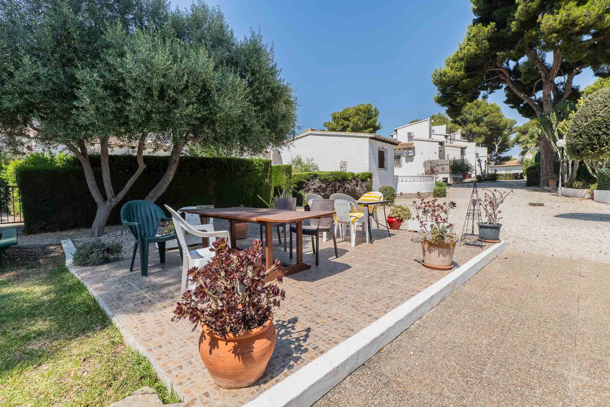 Terrasse carrelée ensoleillée avec table à manger en bois et chaises diverses, bordée par un olivier et des plantes en pot. Des bâtiments résidentiels blancs sont visibles à l'arrière-plan.