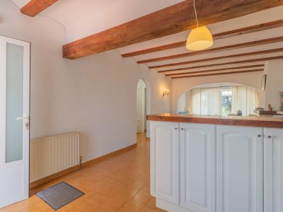 Entrée avec porte en verre dépoli, carrelage en terre cuite et plafond à poutres apparentes. Un bar avec comptoir en bois s'ouvre sur le salon lumineux.