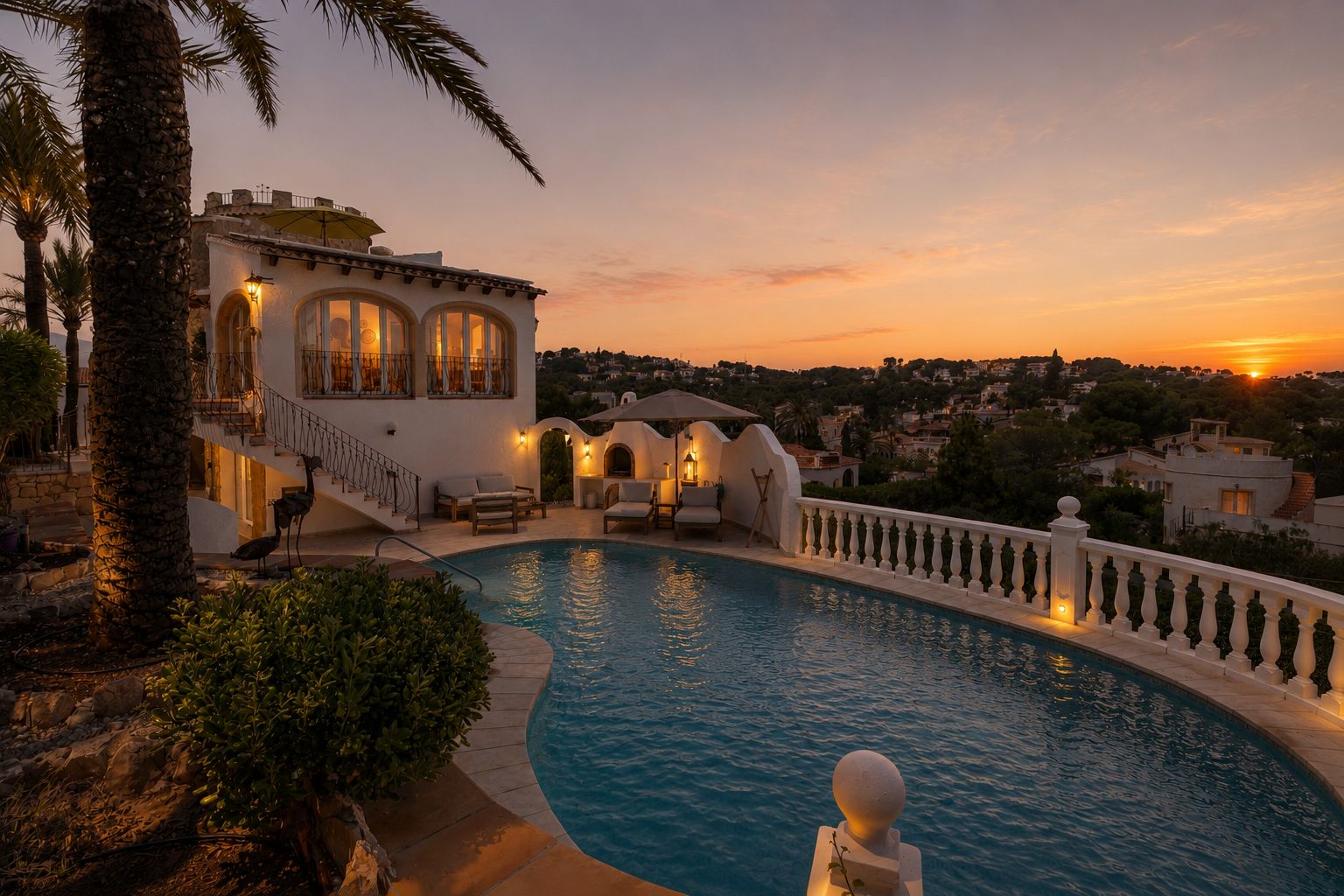 L'extérieur de la villa présente une piscine incurvée et une balustrade éclairée, avec un salon extérieur et des fenêtres cintrées, sous la lueur chaleureuse du coucher de soleil.
