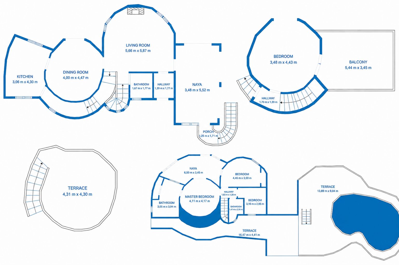 Plan détaillé de la villa, présentant l'agencement des pièces sur plusieurs niveaux et leurs dimensions. Inclut salon, salle à manger, cuisine, chambres, terrasses et piscine.