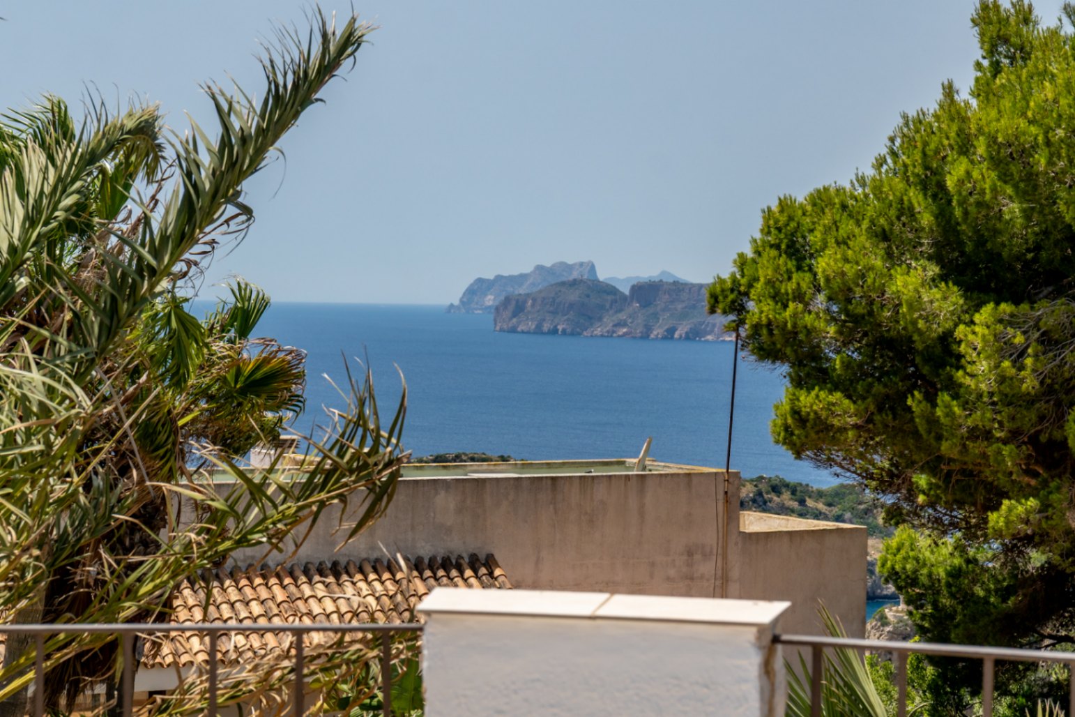 Vue panoramique sur la mer avec une côte rocheuse lointaine, encadrée par des palmiers et des pins. Des tuiles de terre cuite traditionnelles sont visibles en contrebas.