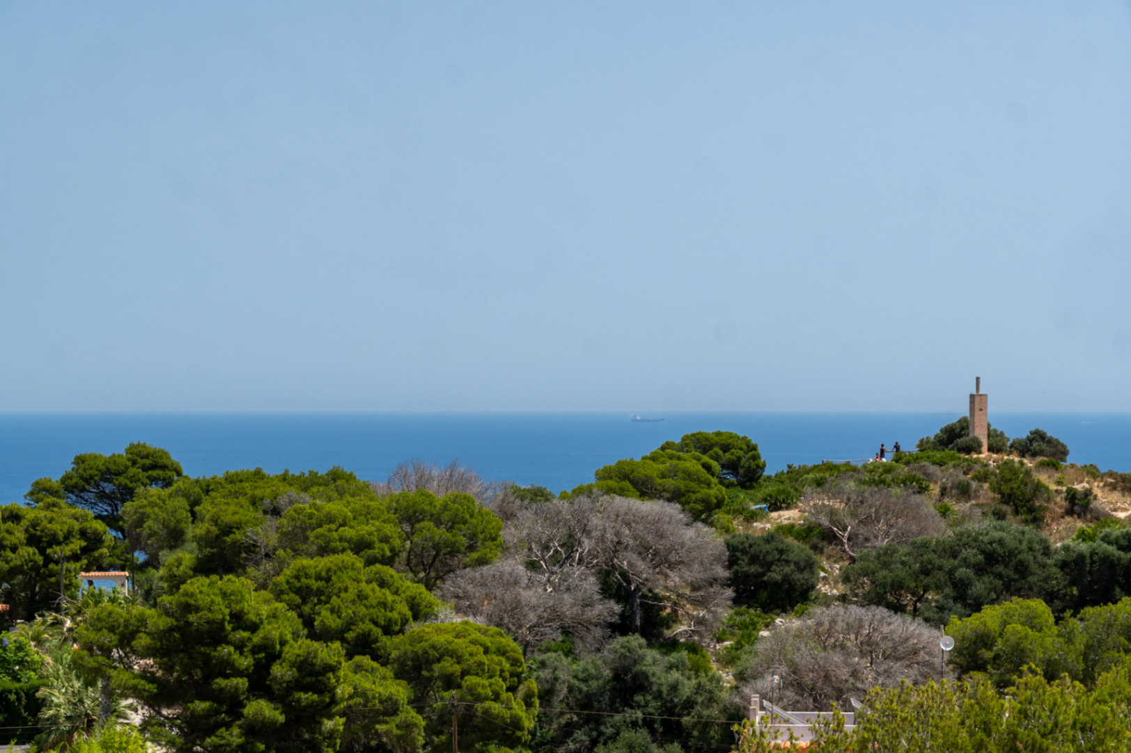 Vue panoramique sur la mer Méditerranée à Jávea, encadrée par une végétation dense, avec une tour lointaine sur une colline et un navire à l'horizon.