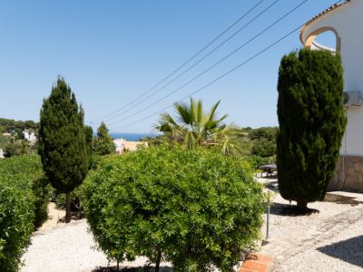 Jardin méditerranéen avec allée de gravier, végétation luxuriante et cyprès, offrant une vue lointaine sur la mer sous un ciel clair.