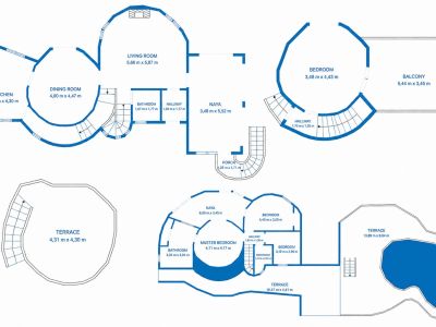 Plan détaillé de la villa, présentant l'agencement des pièces sur plusieurs niveaux et leurs dimensions. Inclut salon, salle à manger, cuisine, chambres, terrasses et piscine.