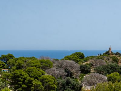 Vue panoramique sur la mer Méditerranée à Jávea, encadrée par une végétation dense, avec une tour lointaine sur une colline et un navire à l'horizon.