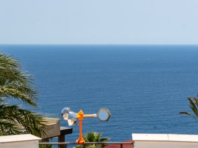Vue panoramique sur la mer Méditerranée encadrée par des palmiers, avec le bord d'une terrasse moderne et une girouette décorative au premier plan.