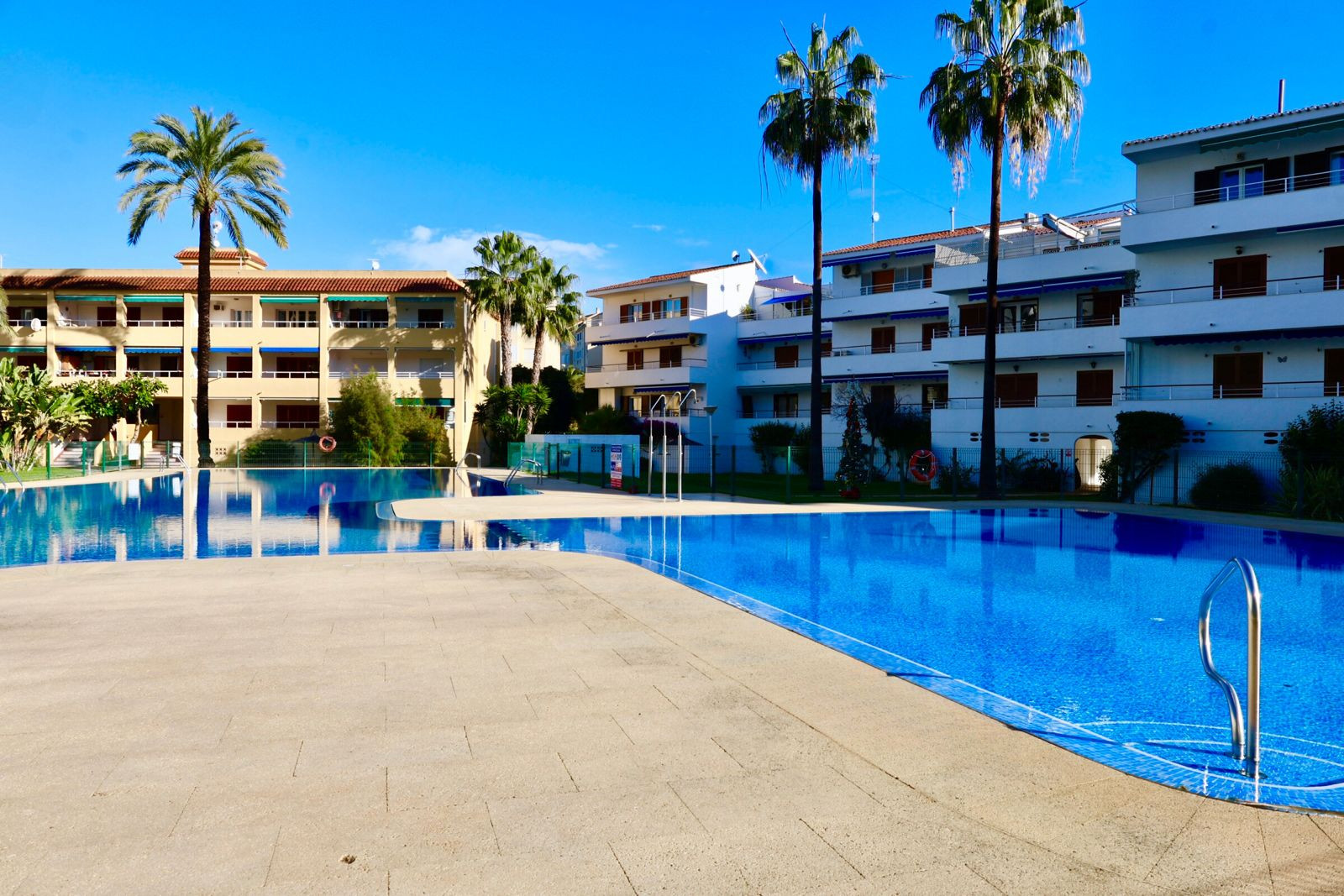 Grande piscine commune aux carreaux bleus, entourée d'une terrasse carrelée claire et de palmiers. Des immeubles d'appartements avec balcons et stores bleus sont visibles sous un ciel clair.