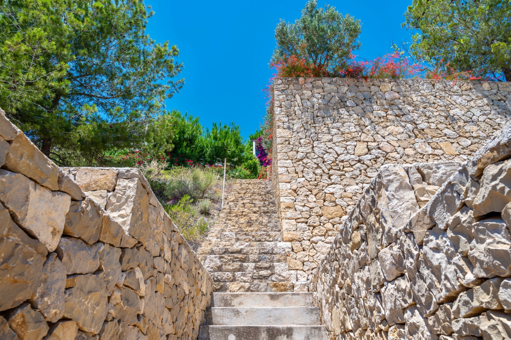 Escalier extérieur en pierre naturelle bordé de murs en pierres sèches, s'élevant au milieu d'une végétation méditerranéenne luxuriante sous un ciel azur. Escalier extérieur en pierre naturelle bordé de murs en pierres sèches, s'élevant au milieu d'une végétation méditerranéenne luxuriante sous un ciel azur.