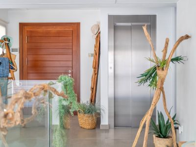 Palier intérieur moderne avec porte en bois élégante et ascenseur en acier inoxydable. Décoré d'éléments naturels comme du bois flotté, des plantes en paniers tressés et une balustrade en verre.