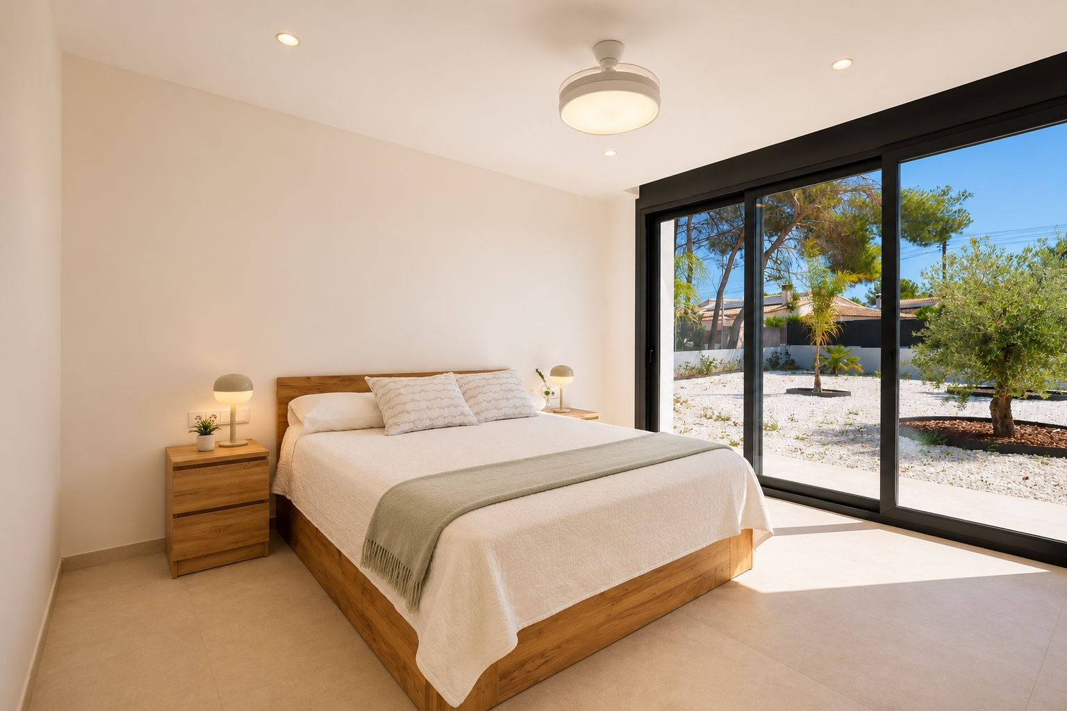 Chambre avec lit en bois, tables de chevet assorties et accès direct à un jardin de gravier par de grandes portes coulissantes vitrées. Éclairage encastré et ventilateur de plafond. Chambre avec lit en bois, tables de chevet assorties et accès direct à un jardin de gravier par de grandes portes coulissantes vitrées. Éclairage encastré et ventilateur de plafond.