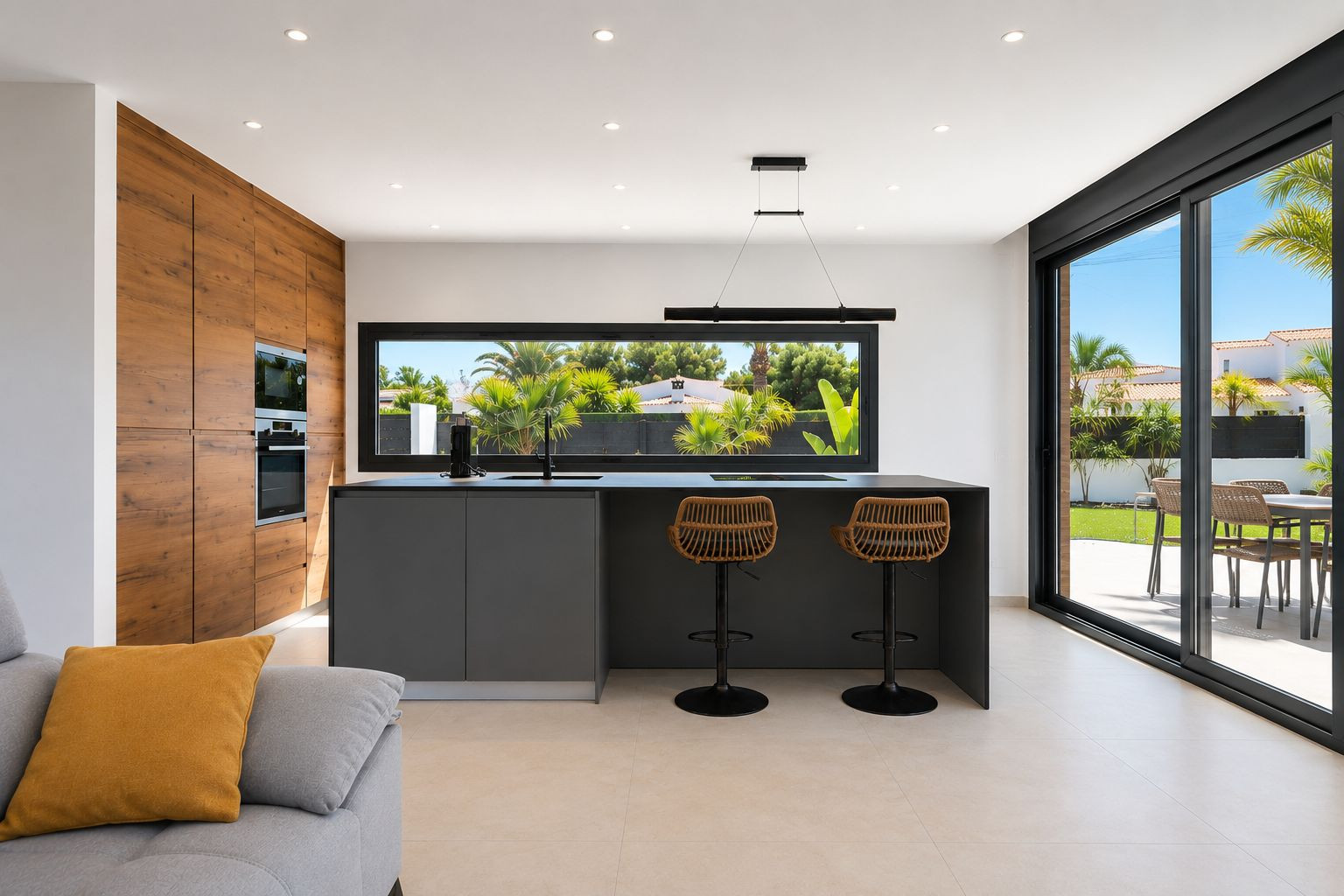 Cuisine moderne avec îlot central, équipée d'appareils intégrés et de tabourets de bar en rotin. De larges fenêtres offrent une vue sur le jardin et un accès direct à l'extérieur. Cuisine moderne avec îlot central, équipée d'appareils intégrés et de tabourets de bar en rotin. De larges fenêtres offrent une vue sur le jardin et un accès direct à l'extérieur.