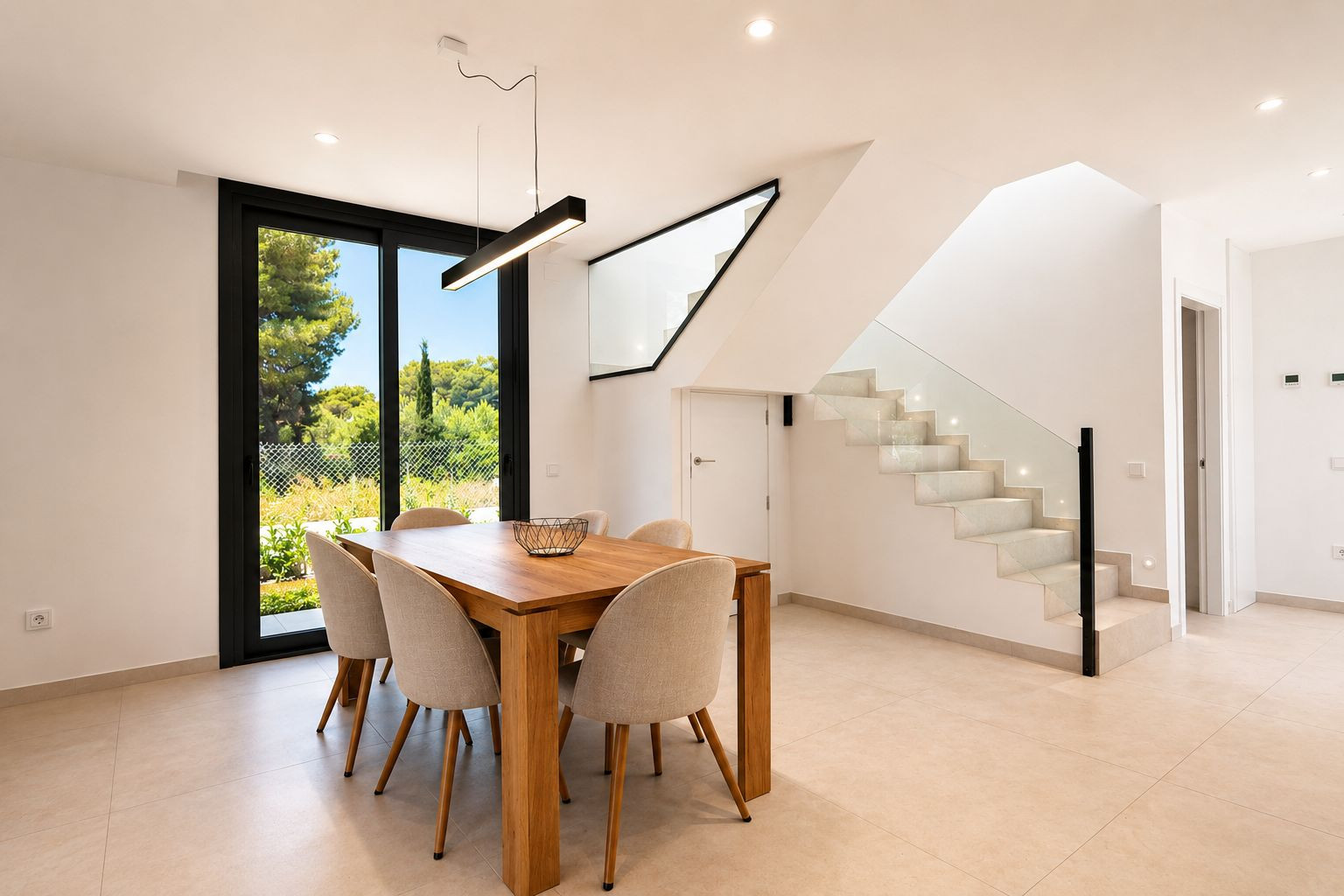 Espace repas moderne avec table en bois clair et six chaises, éclairé par une suspension linéaire noire. Une cage d'escalier contemporaine avec marches lumineuses et balustrade en verre y est attenante. Espace repas moderne avec table en bois clair et six chaises, éclairé par une suspension linéaire noire. Une cage d'escalier contemporaine avec marches lumineuses et balustrade en verre y est attenante.