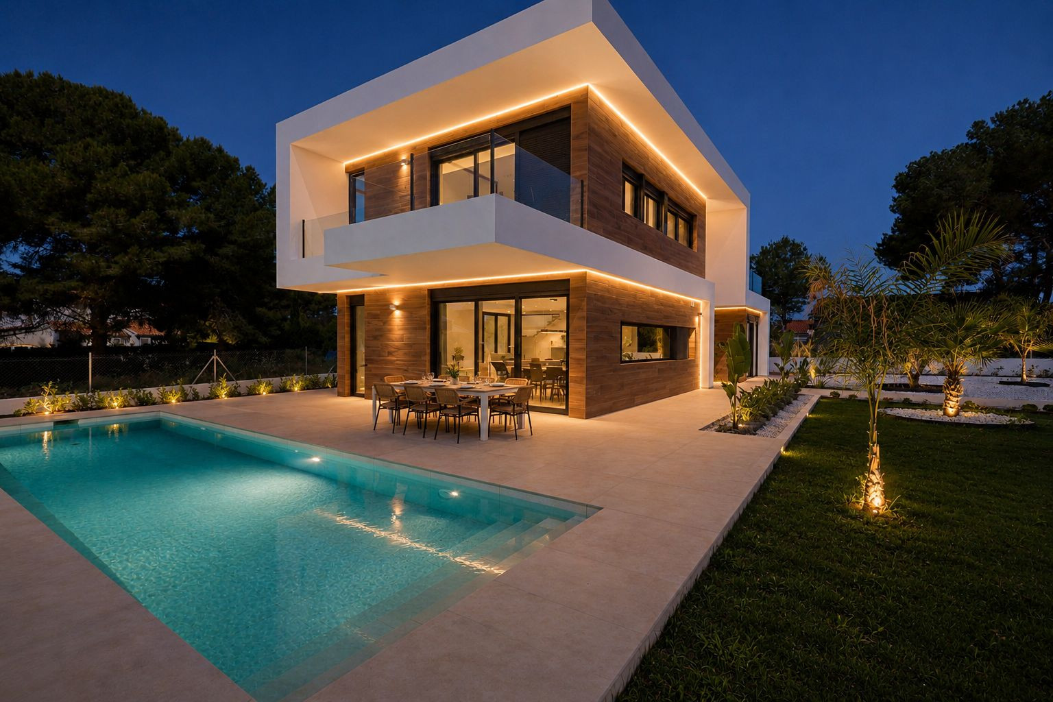 Extérieur de la villa moderne au crépuscule, avec ses lignes architecturales épurées, bardage effet bois et éclairage LED chaleureux. Piscine privée et terrasse repas illuminées, entourées d'un jardin paysager. Extérieur de la villa moderne au crépuscule, avec ses lignes architecturales épurées, bardage effet bois et éclairage LED chaleureux. Piscine privée et terrasse repas illuminées, entourées d'un jardin paysager.